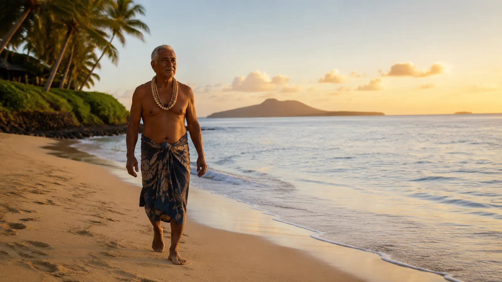 Older man walking on a beach at sunrise, moving with ease and comfort