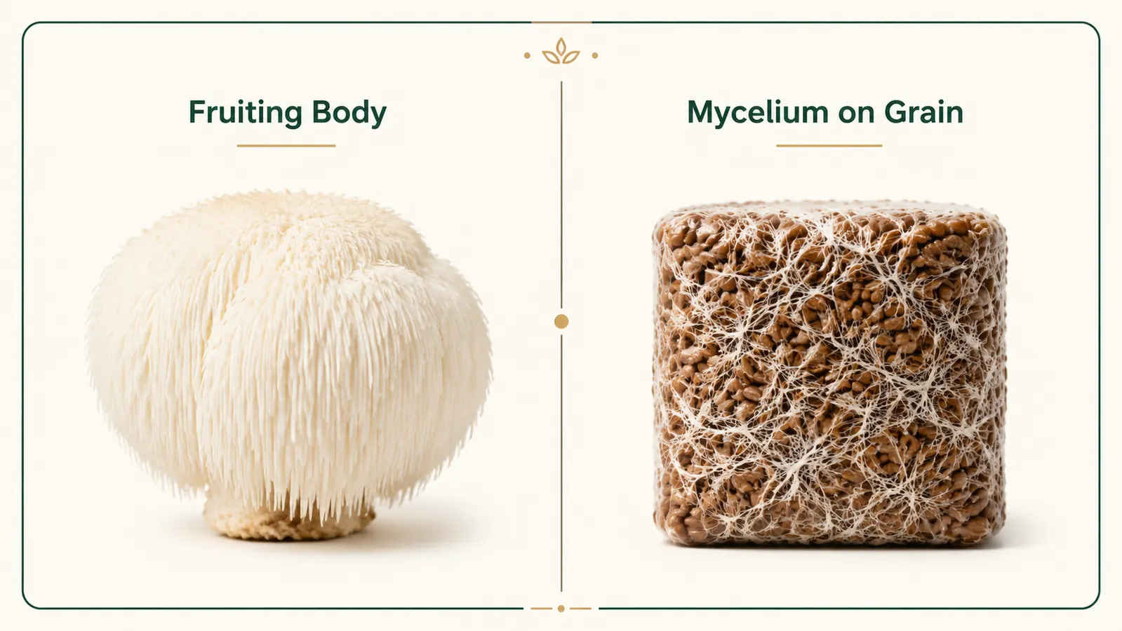 Side-by-side comparison showing a lion's mane fruiting body mushroom cap on the left and a grain-covered mycelium block on the right with simple labels