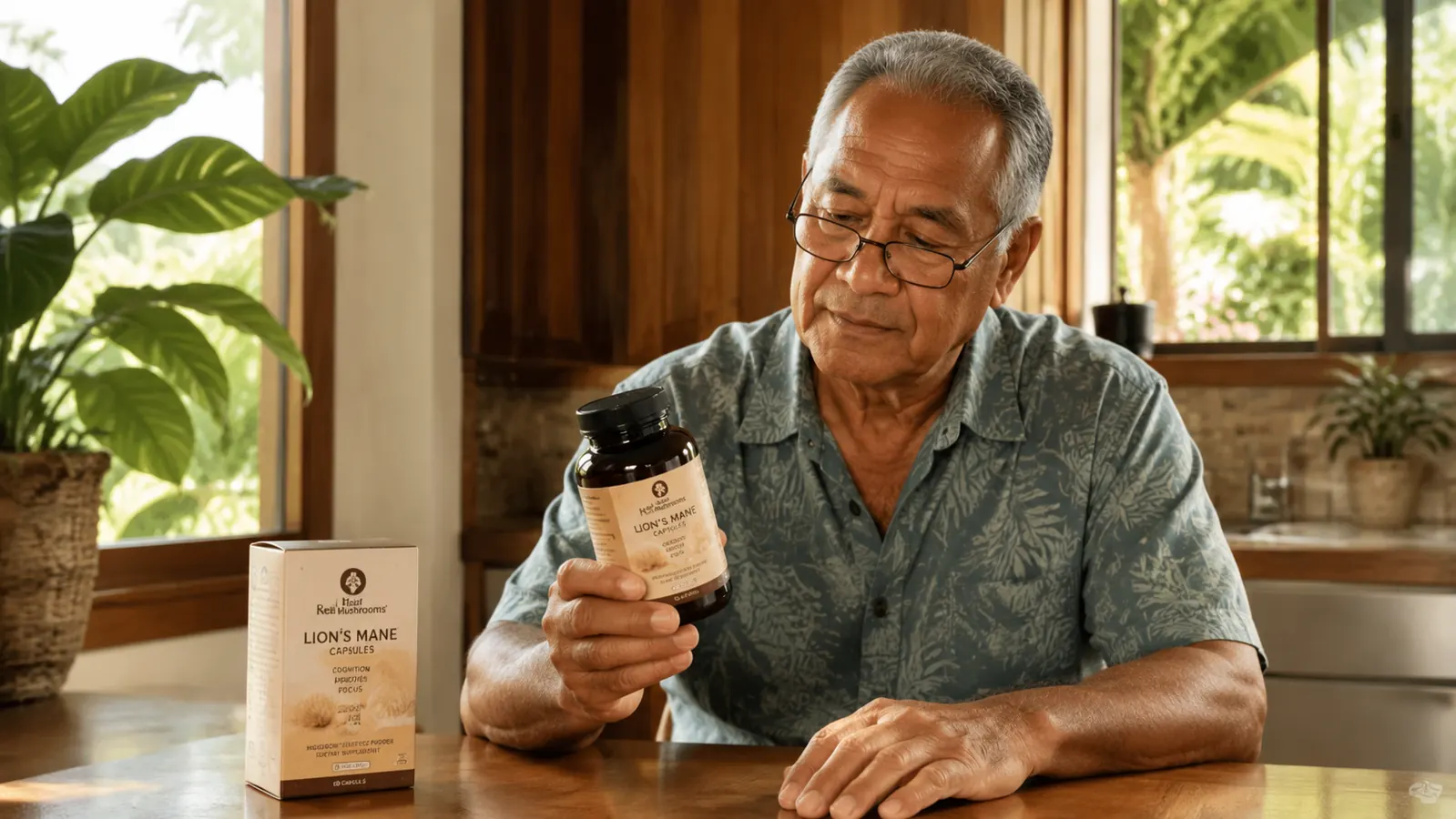 Older man reading a supplement label carefully at a kitchen table in morning light, glasses on, expression thoughtful