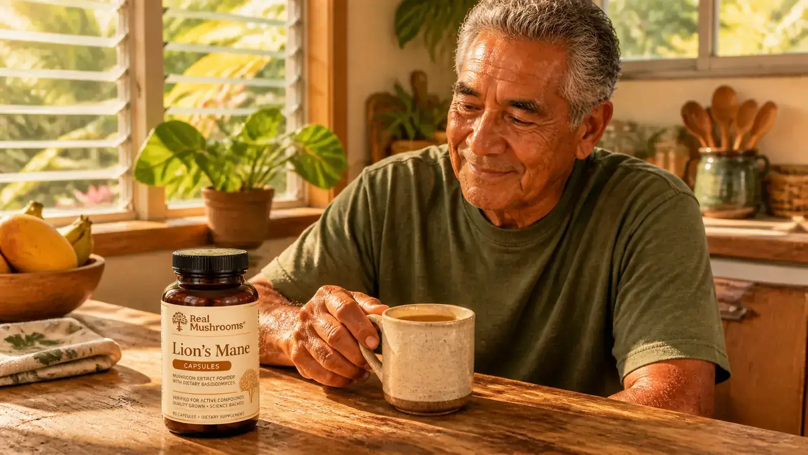 Close-up of lion's mane mushroom capsule bottle on a wooden kitchen table beside a cup of tea