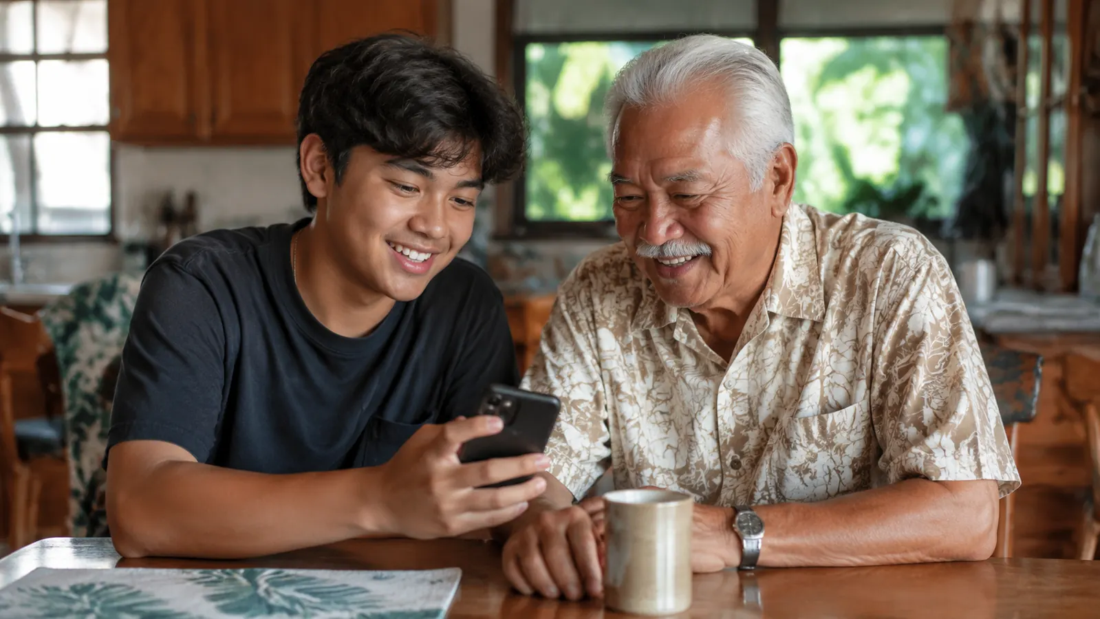 Elderly man and young teenage boy looking at something on a phone together, smiling, seated at a kitchen table