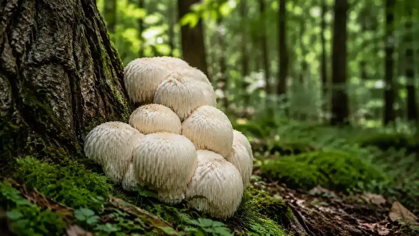 Fresh lion's mane mushrooms on a forest floor surrounded by green ferns