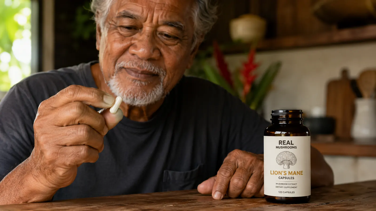 Hand holding a white capsule next to a brown glass supplement bottle labeled Real Mushrooms Lion's Mane on a wooden surface