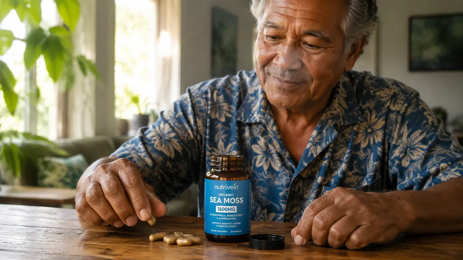 Weathered hands holding a small glass of water beside a bottle of Nutrivein Sea Moss capsules on a wooden kitchen table