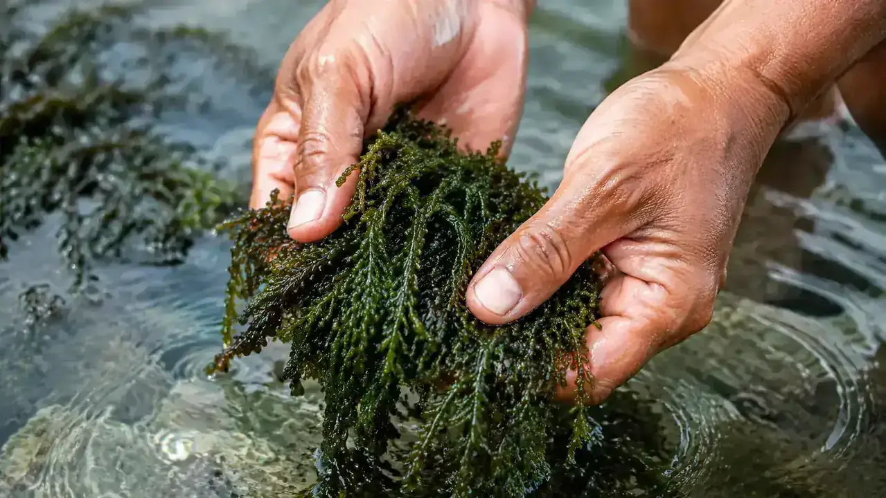 Close-up of hands lifting limu seaweed from a shallow tide pool, water dripping, early morning