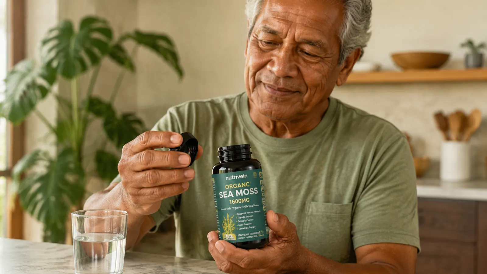 Hands holding open a bottle of Nutrivein Sea Moss capsules over a kitchen counter