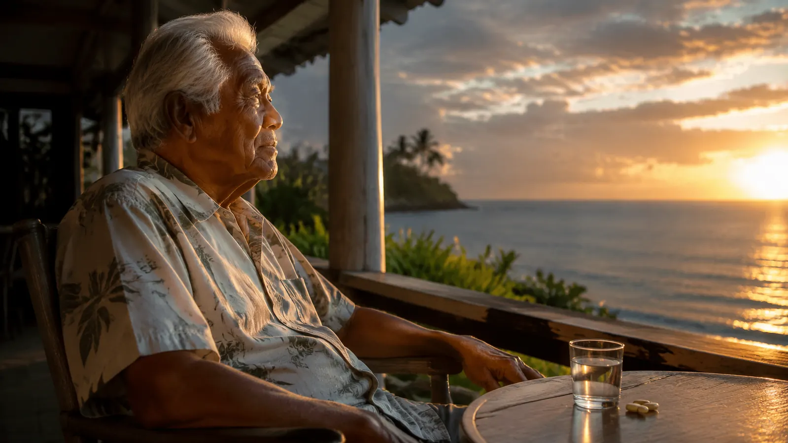 Elderly Hawaiian man sitting on a lanai looking out toward the ocean at sunrise