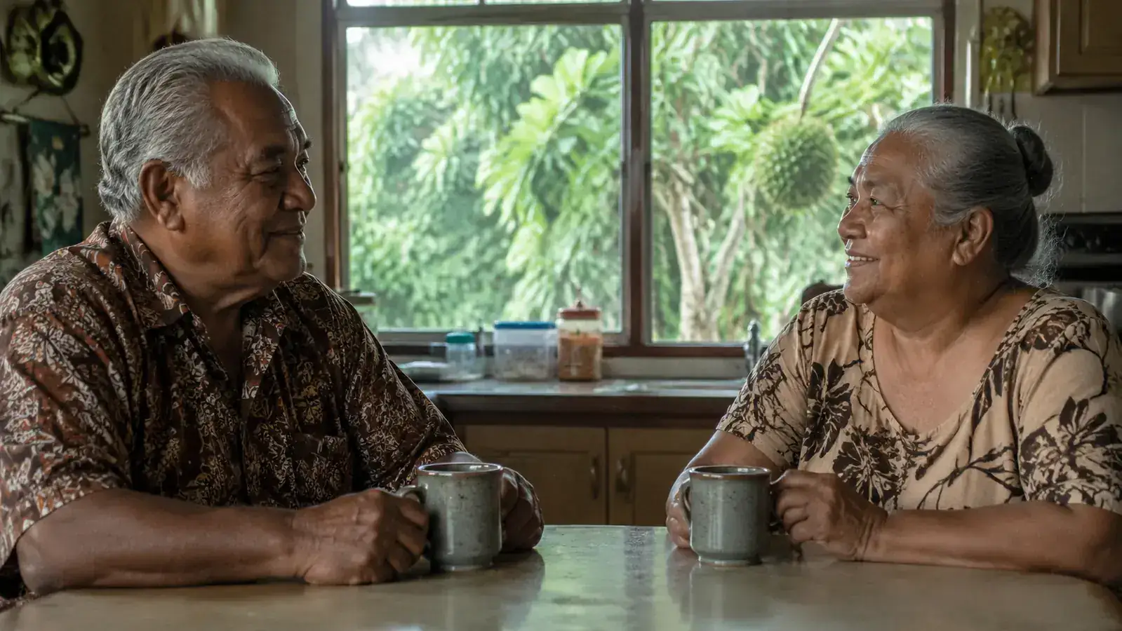An older Hawaiian man and a grandmother figure sitting together at a kitchen table sharing tea, soursop plant visible through a window