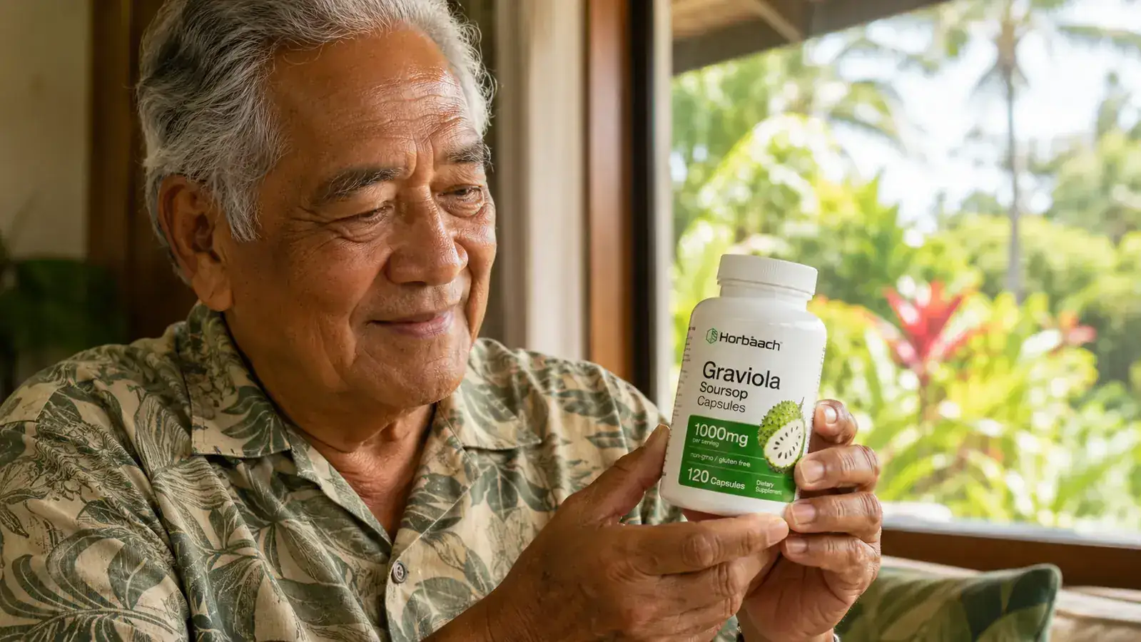 Hand holding a bottle of Horbaach Graviola capsules near a window with green foliage outside