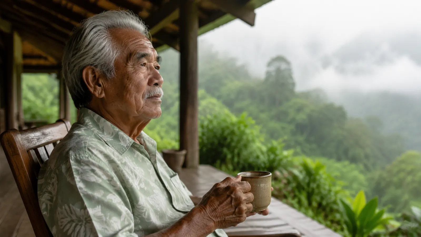 Older man sitting on a lanai overlooking a green valley, holding a cup of tea in the early morning